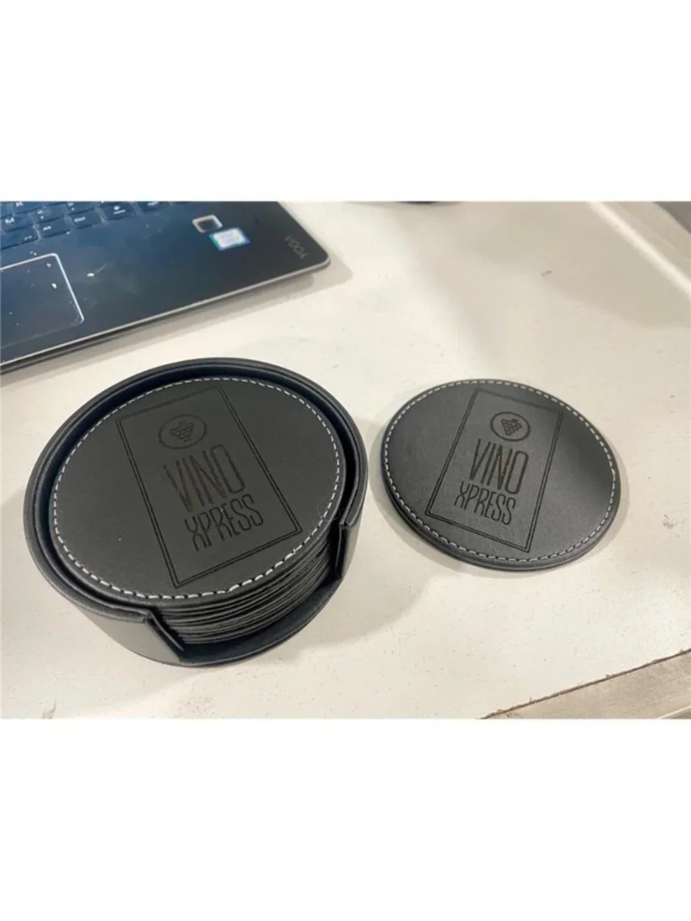Set of 6 Round Leather Coasters for Drinks with Holder, 4